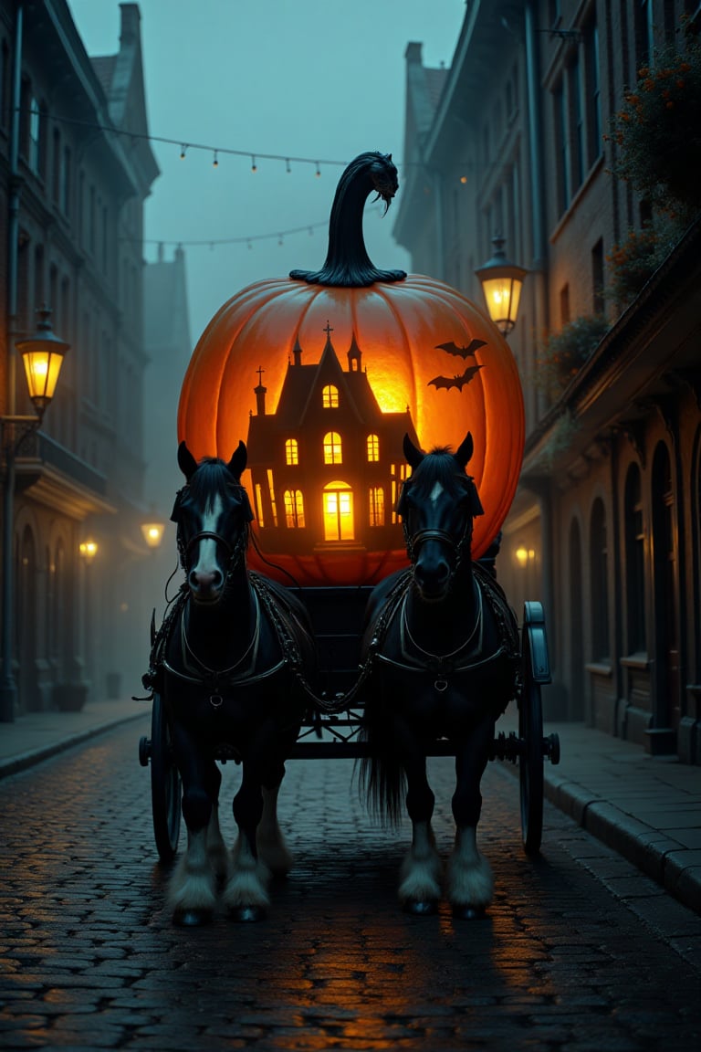 "Close-up of a black Clydesdale horse drawn carriage in the shape of a large translucent glass pumpkin containing a haunted house with a black cat down an ominous cobblestone street with low lying fog on Halloween night by Luis Royo :: Anna Dittmann :: Artgerm Lau :: Anne Stokes"

