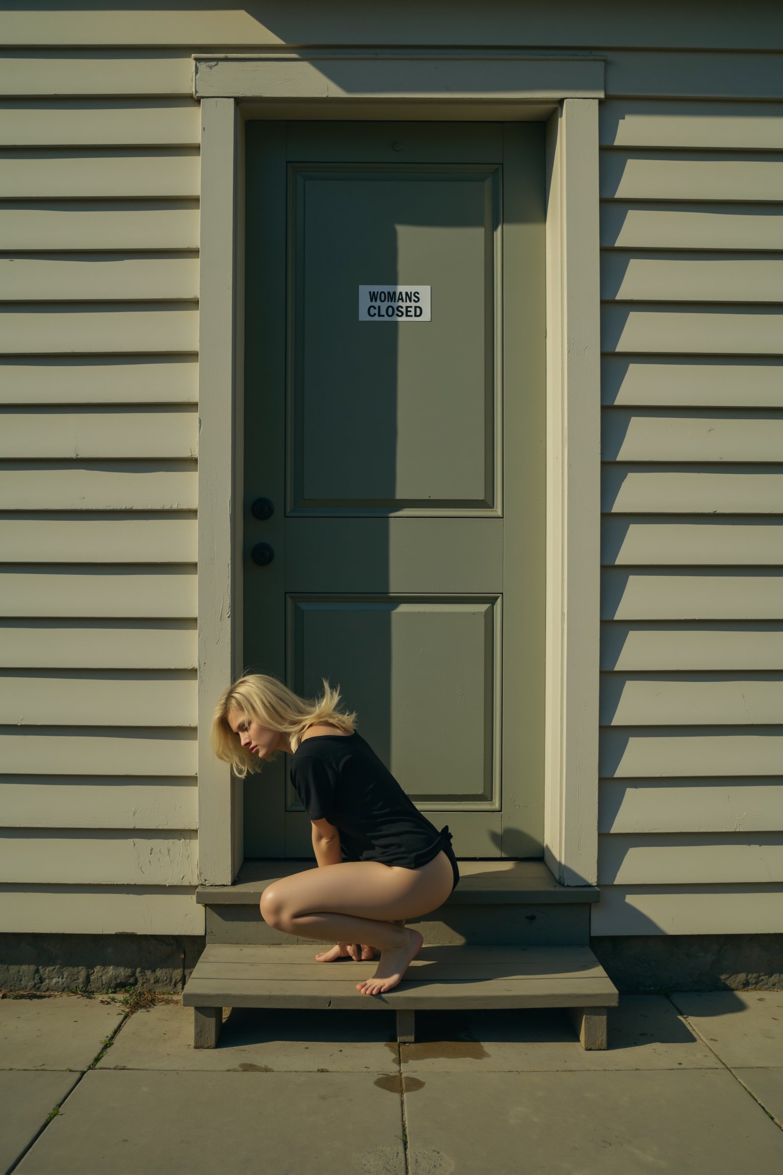 A romantic style painting of a woman in a short black dress, hitched up around her waist, crouching low on the steps of an old, weathered building with horizontal wooden siding. She is urinating, with a small pool of liquid on the floor. The door behind her has a sign reading WOMANS TOILET CLOSED. The scene is minimalist, dominated by the repetitive, oppressive pattern of the building's straight lines. Soft, warm lighting highlights the woman's form against the stark background.