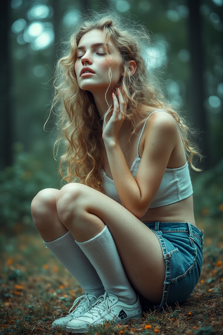 A photo of a 20-year-old pretty slim girl with long blond hair. She is wearing long white socks and shoes. She wears a tiny blue skirt with white underwear and is sitting down on the ground, her knees tucked up tight to her chin and slightly parted. She is urinating as she sits there. The background is blurred and consists of trees. The lighting is soft.