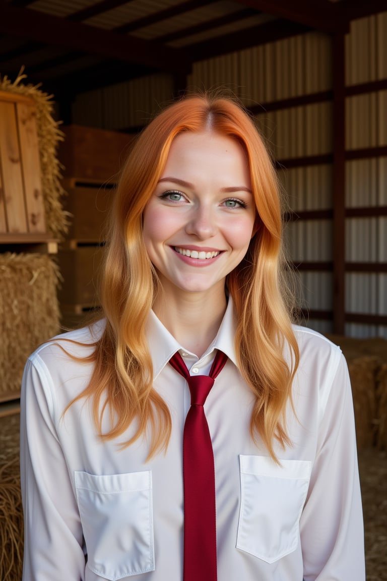 A romantic photo of an 18-year-old blond young woman with a beautiful face and long red golden hair. She is wearing a white shirt and a red tie. She has a blissful expression. She is posing for a picture in a shed full of hay bales. The background is a rustic setting with wooden crates. The lighting is soft. Image_1746.jpg