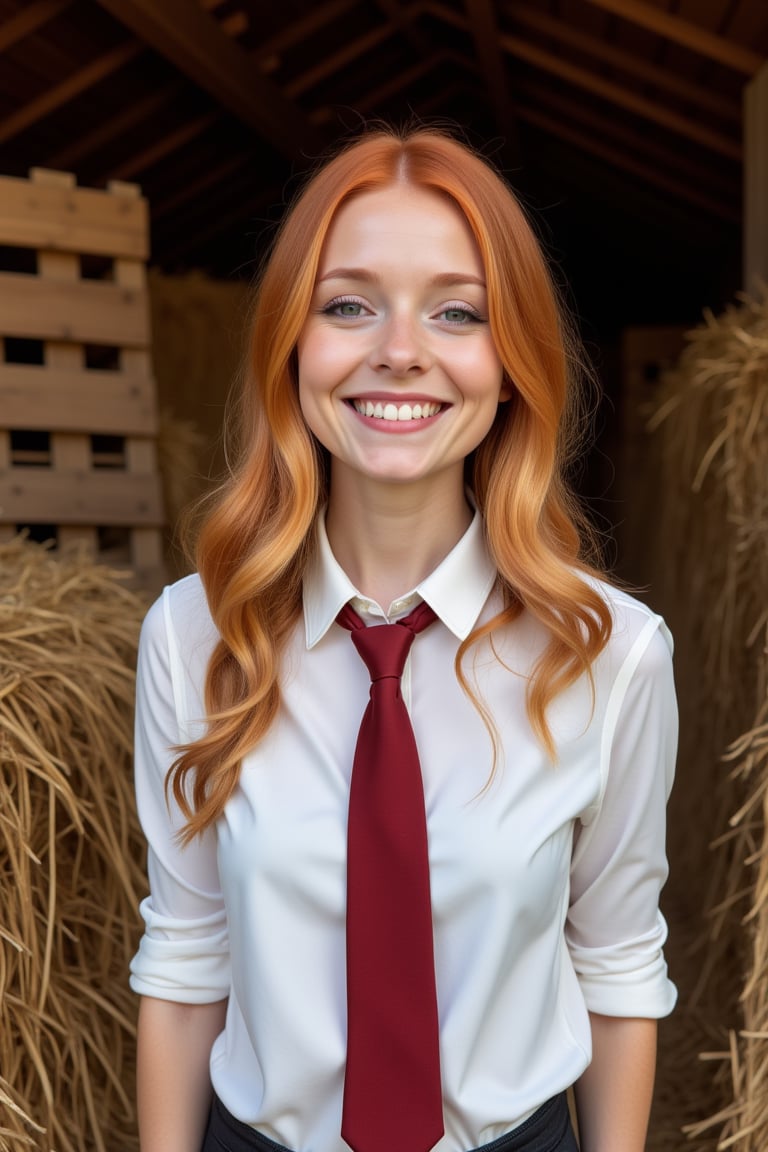 A romantic photo of an 18-year-old blond young woman with a beautiful face and long red golden hair. She is wearing a white shirt and a red tie. She has a blissful expression. She is posing for a picture in a shed full of hay bales. The background is a rustic setting with wooden crates. The lighting is soft. Image_1746.jpg