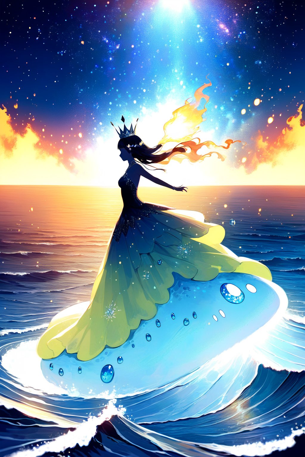 DonMW15pXL, watching the world from a distant place beyond the stars, slime goddess in the form of a woman, wearing a flaming diamond dress and a crown, imposing, ocean, goddess clothing, wallpaper, city in the middle of the sea, wallpaper, foreground 