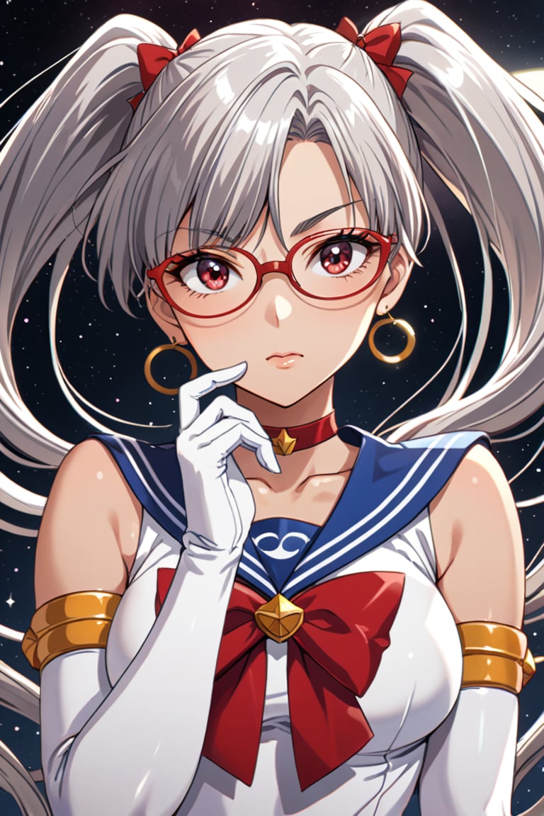 masterpiece, best quality, 1 girl, sailor moon, solo, sailor senshi uniform, short hair, gloves, sailor necklace, twintails, blue sailor necklace, jewelry, choker red, white gloves, earrings, choker, red bow, upper body, half moon, magical girl,glasses, half moon earrings, elbow length gloves, crescent moon, moon, hoop, bangs, looking at viewer, silver hair,  red eyes