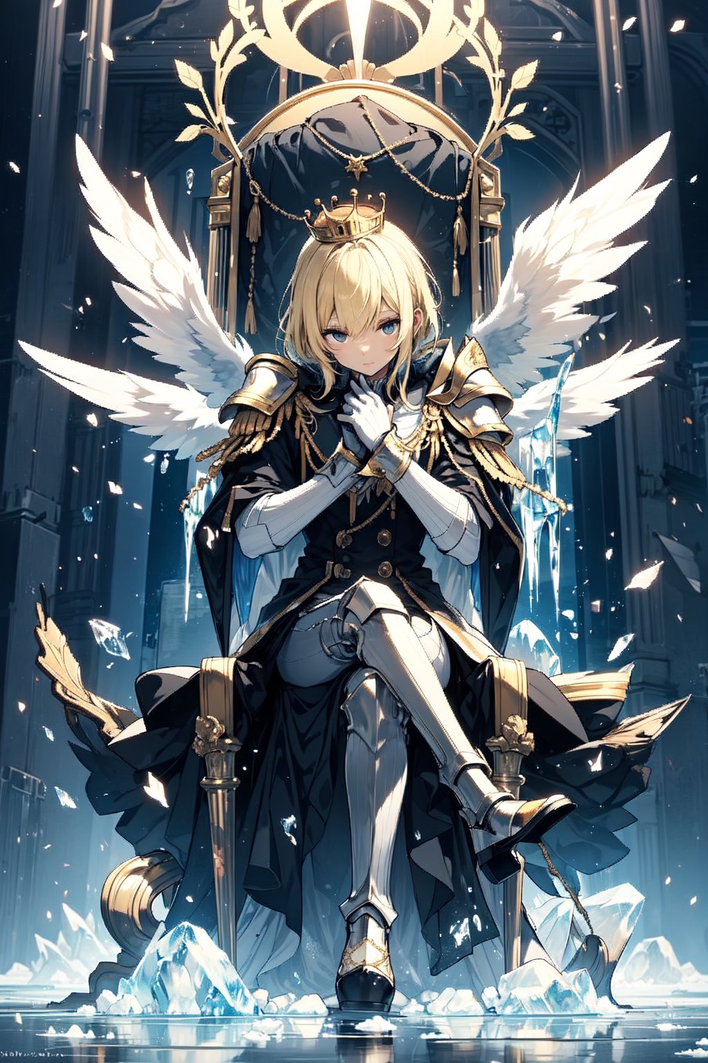 angel sitting on a throne of ice, wings, blonde, slender, shining armor and crown of thorns,