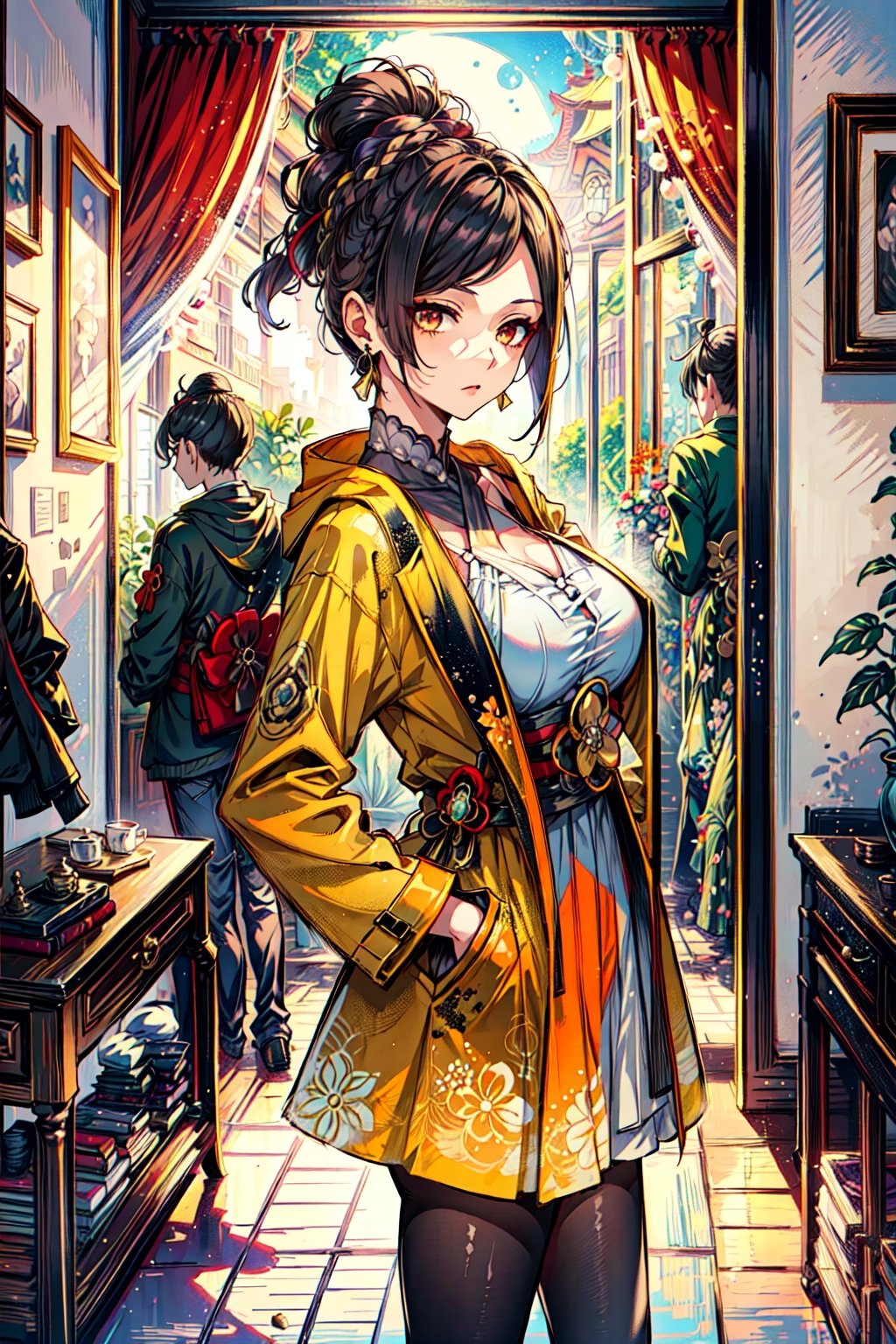  woman in a diamond dress, diamond earrings and accessories, mirror, long hair, looking in a mirror, hands in pockets, moon, window, mergnijistyle, niji, sciamano240, soft shading,  popular fashion,niloudef,navia \(genshin impact\),chiori \(genshin impact\)