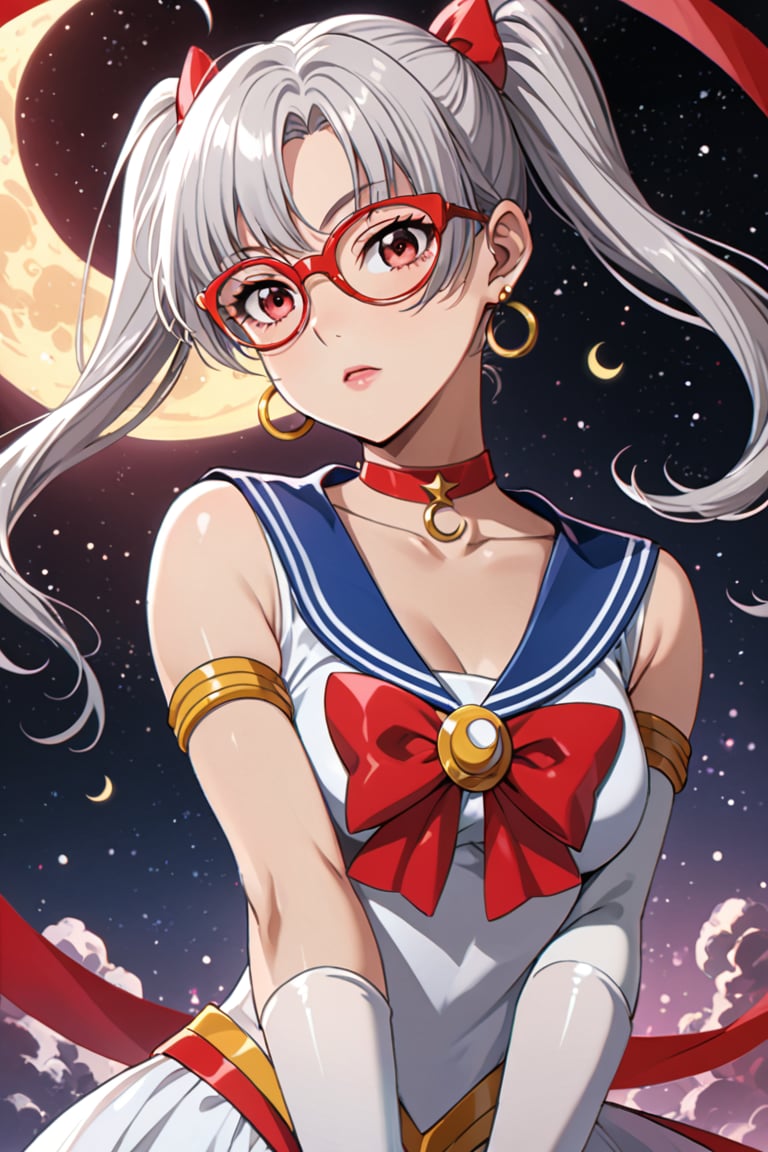 masterpiece, best quality, 1 girl, sailor moon, solo, sailor senshi uniform, short hair, gloves, sailor necklace, twintails, blue sailor necklace, jewelry, choker red, white gloves, earrings, choker, red bow, upper body, half moon, magical girl,glasses, half moon earrings, elbow length gloves, crescent moon, moon, hoop, bangs, looking at viewer, silver hair,  red eyes