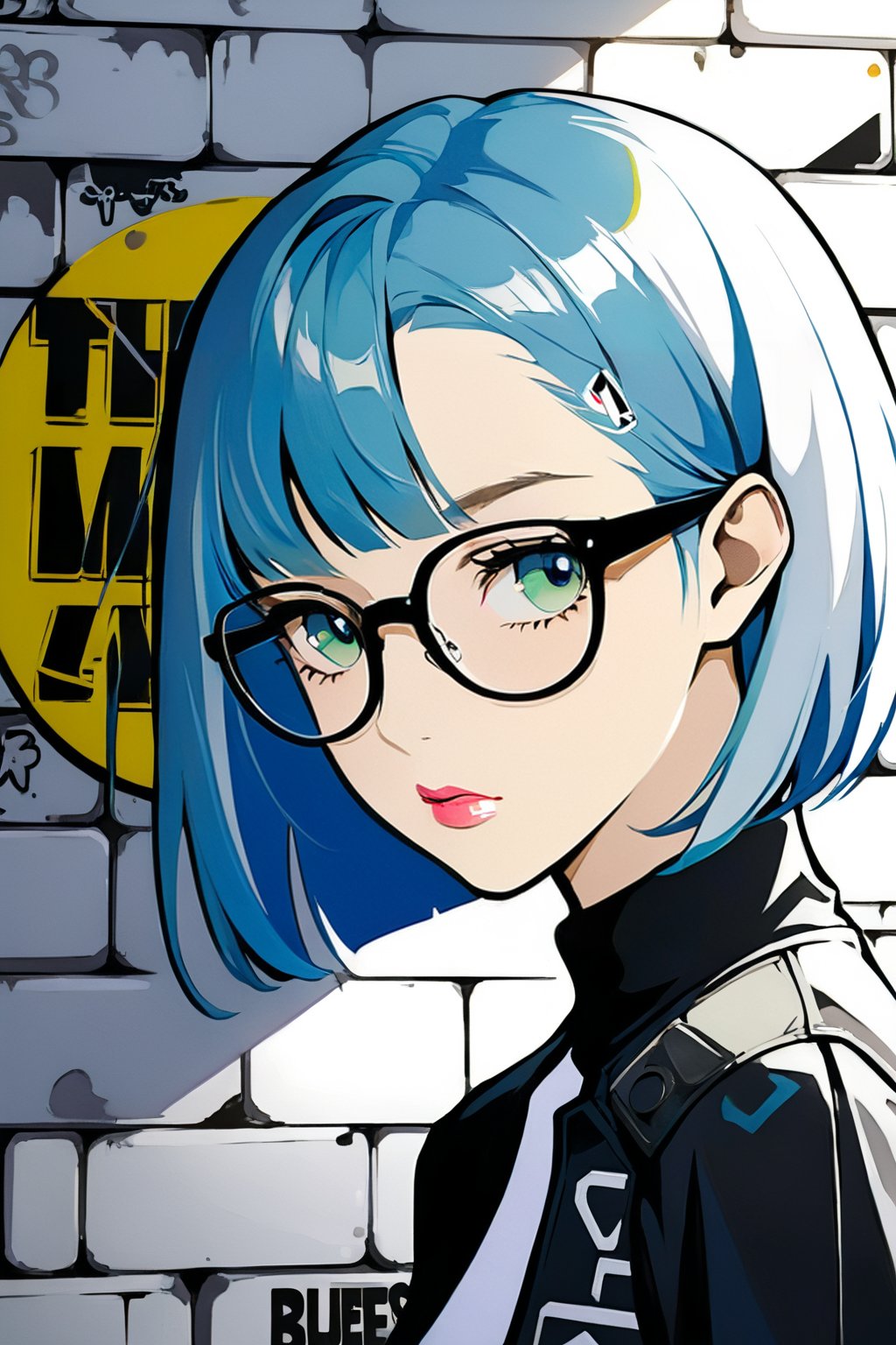 DonMW15pXL, cyborg style, graffiti on a wall, noon, masterpiece, wallpaper, English letters, sticker, face of a woman, the left side of the face has blues eyes, bangs and glasses, the right side is a face of a zombie woman with green eyes and glasses,  light blue hair, lips