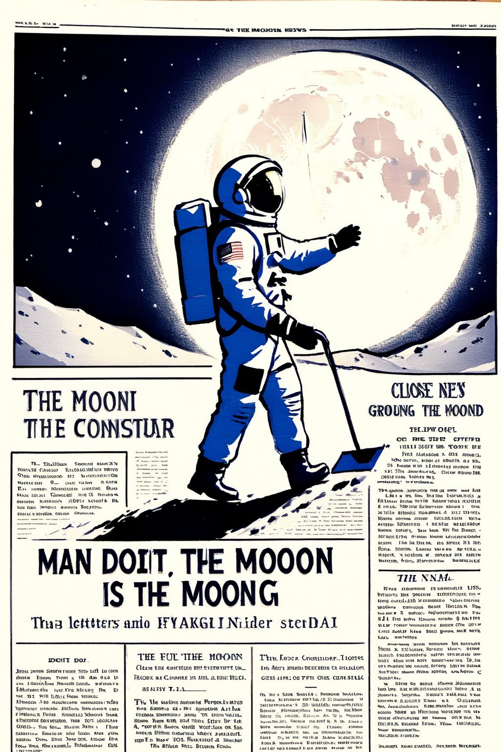 old newspaper clipping, letters in English, the name of the newspaper is "DOIT", close-up news photo of man reaching the moon, astronaut getting off a spaceship on the ground of the moon, carrying a flag, walking, and the headline says "Man conquered the moon"