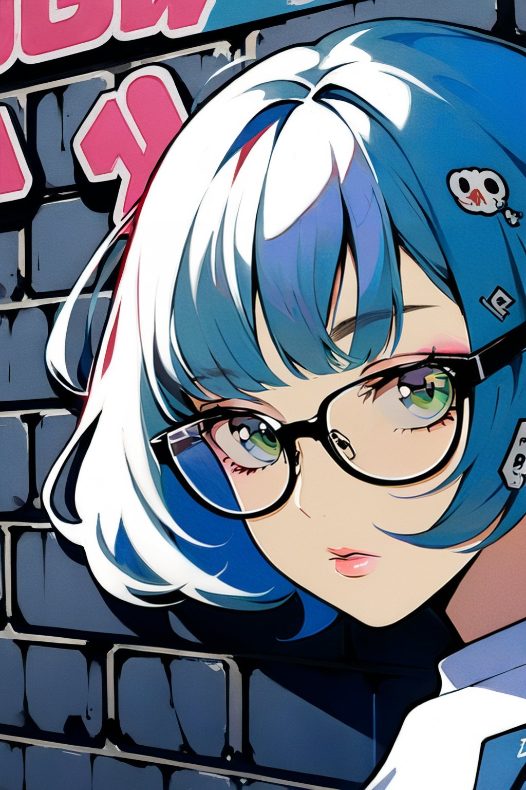 DonMW15pXL, cyborg style, graffiti on a wall, noon, masterpiece, wallpaper, English letters, sticker, face of a woman, the left side of the face has blues eyes, bangs and glasses, the right side is a face of a zombie woman with green eyes and glasses,  long light blue hair, lips