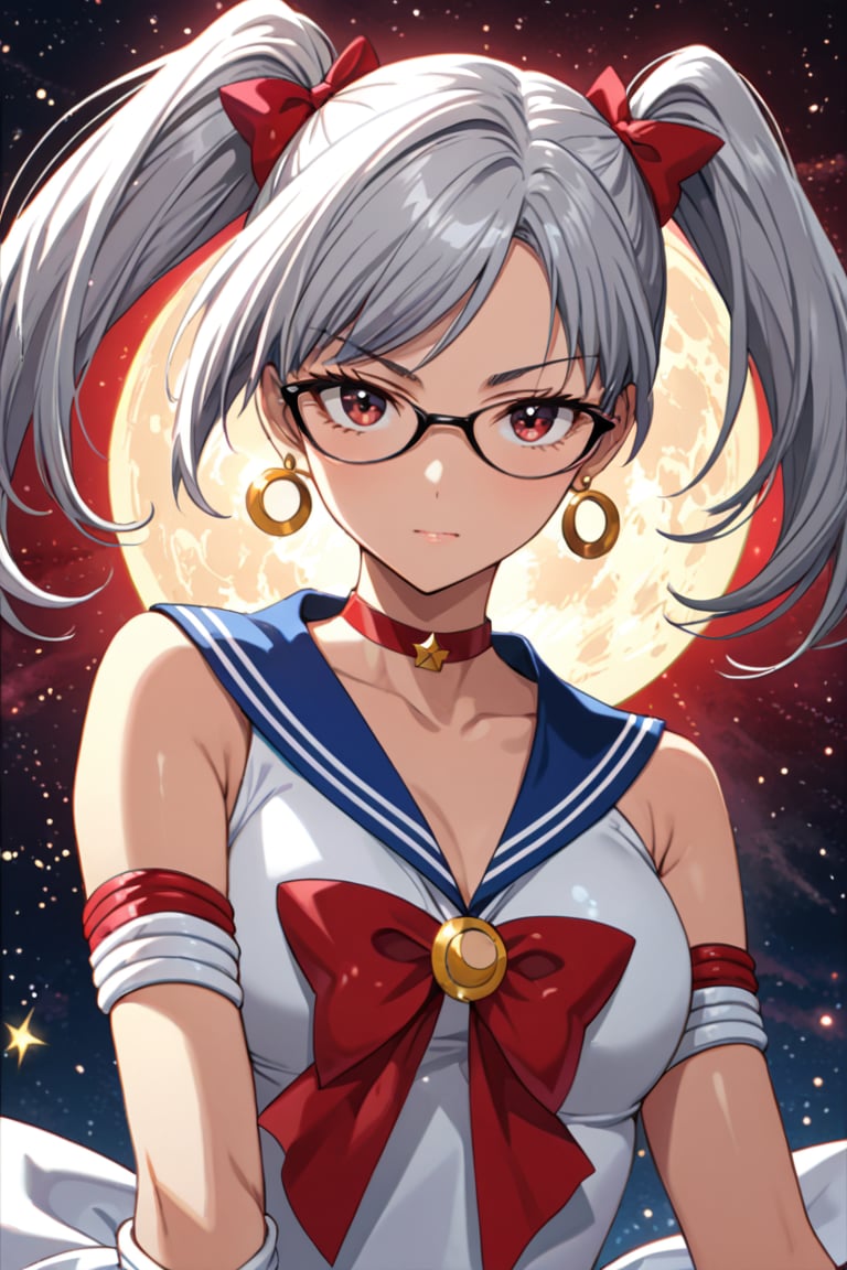 masterpiece, best quality, 1 girl, sailor moon, solo, sailor senshi uniform, short hair, gloves, sailor necklace, twintails, blue sailor necklace, jewelry, choker red, white gloves, earrings, choker, red bow, upper body, half moon, magical girl,glasses, half moon earrings, elbow length gloves, crescent moon, moon, hoop, bangs, looking at viewer, silver hair,  red eyes