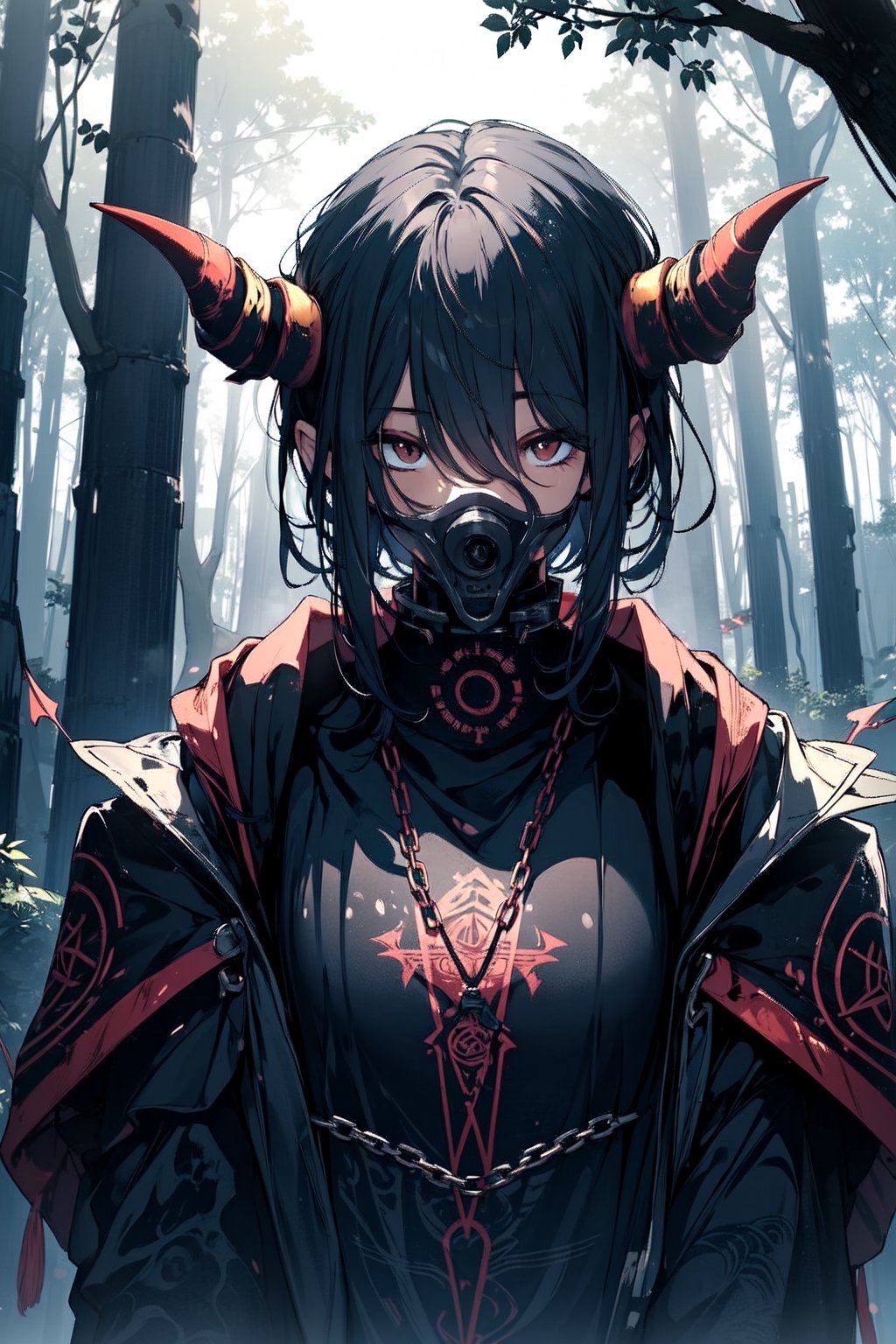 Chained forest demon, among the trees with ancient runes, toxic fumes, light, darkness, wallpaper, mold,