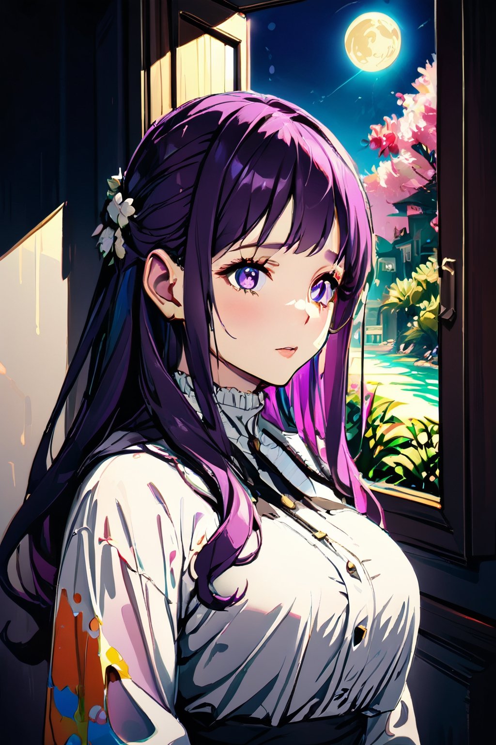 purple hair, purple eyes,  sakura leafs, vivid colors, white dress, paint splash, simple background, ray tracing, wavy hair, frn, moon, window, somewhat big breasts