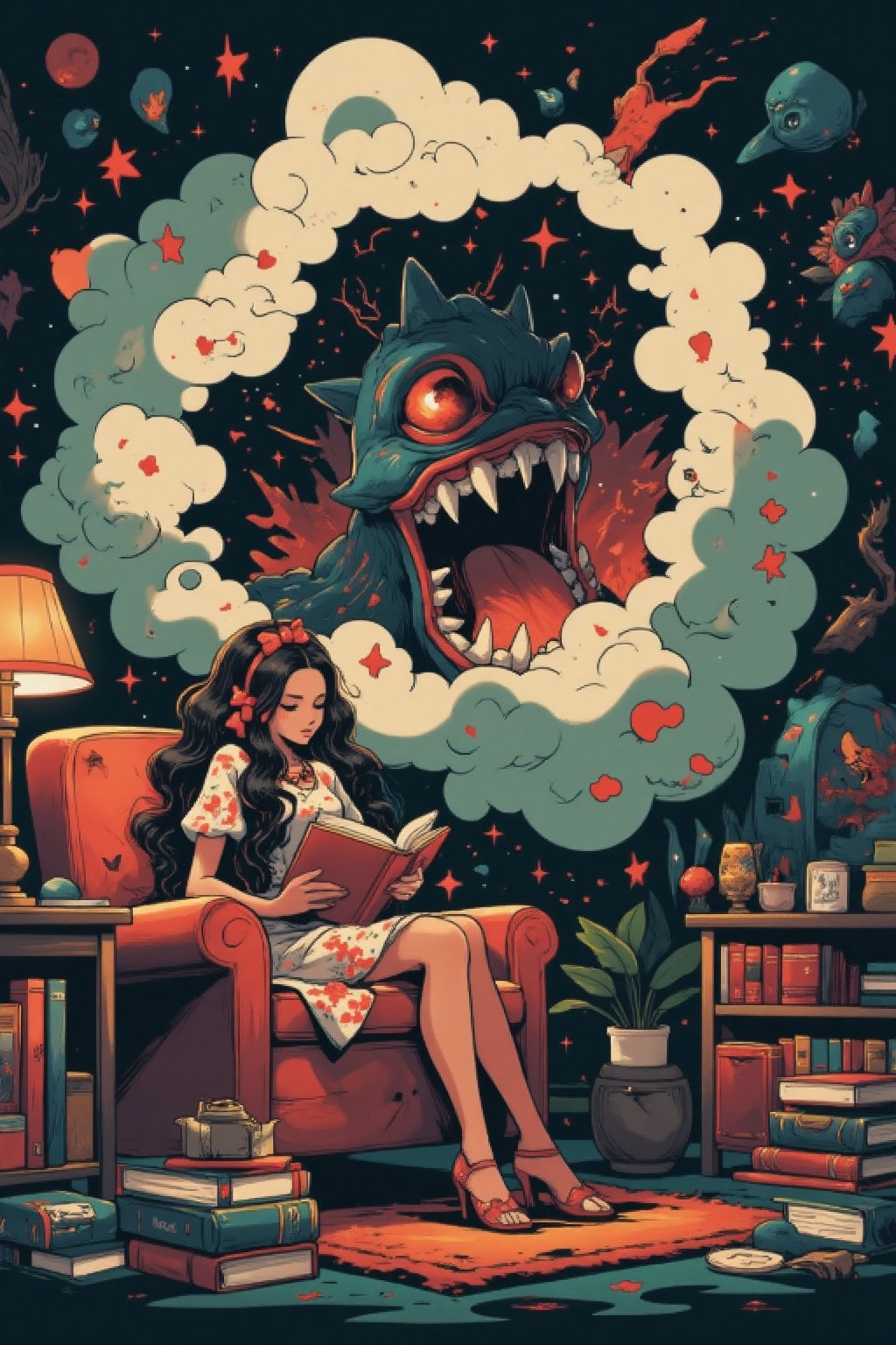 Score_9, Score_8, Score_7, woman with long black hair, bows in her hair, diamond necklace and earrings, shiny diamond dress, reading a book sitting on a sofa chair, many books around, a cloud coming out of her head where the figure of a monster is found dark open its jaws and showing its claws and red eyes, Cartoon style 