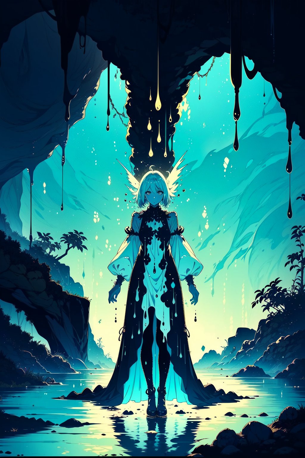 The Slime Girl stands staring into nothing as her vegetation skin drips upon the cave floor and her dress wafts in the breeze, she is the abandonee and is alone forevermore in artbook anime art style