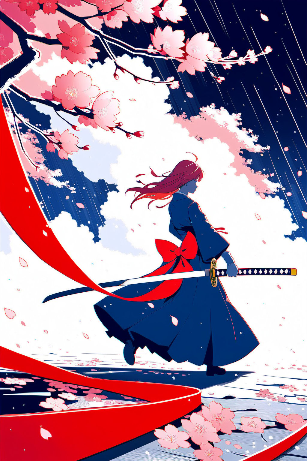 DonMW15pXL, warrior with a katana, a red bow on the hair moved by the wind, the text "fight", around cherry blossoms scattered on the ground, rain falling, wallpaper