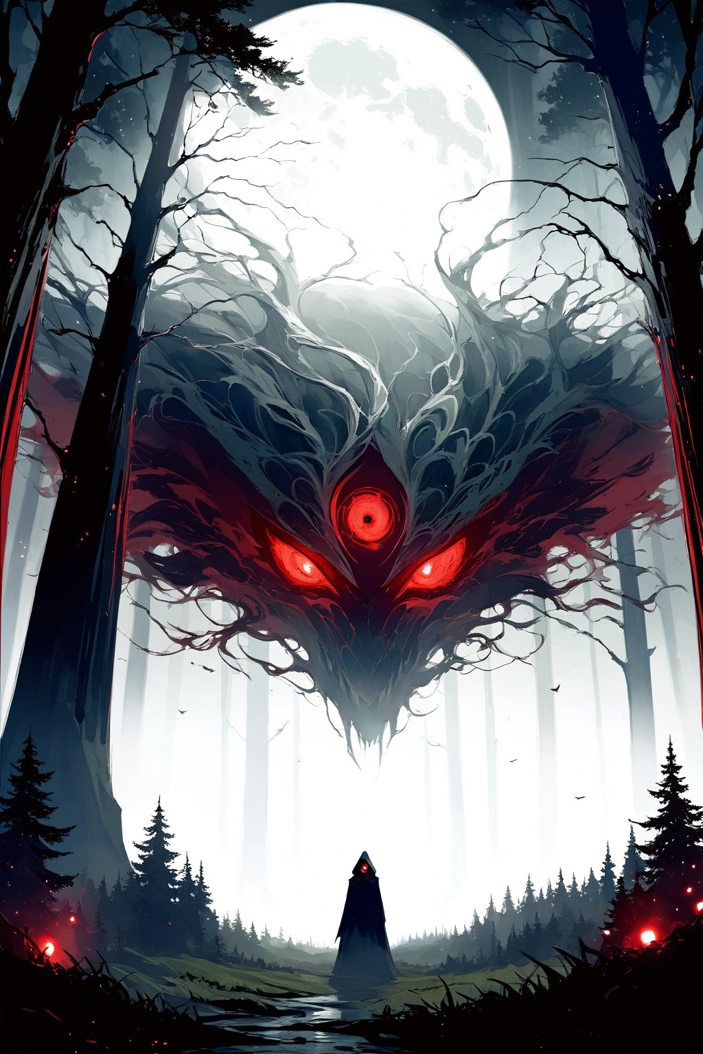 a dark forest full of very tall trees and grass, midnight, full moon that slightly illuminates the image, among the trees a mysterious entity similar to a human, and only its two bright red eyes can be seen, fear, terrorr, masterpiece, wallpaper