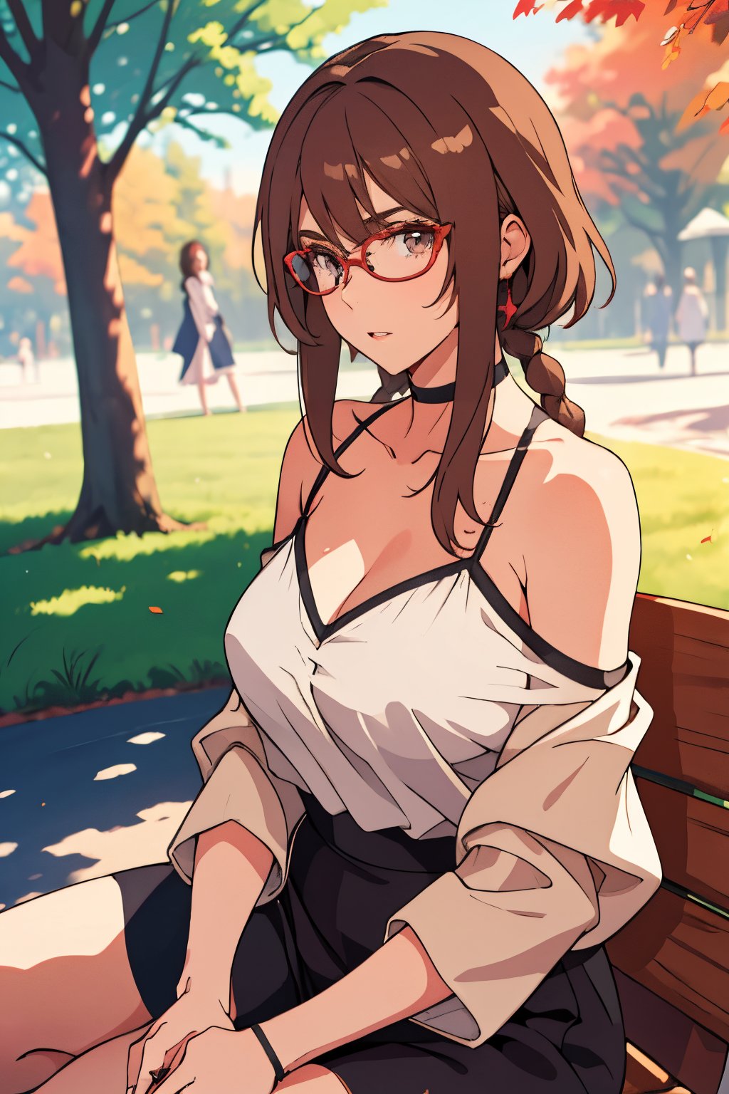 mature woman, masterpiece, best quality, highly detailed, brown eyes, brown hair, long hair, braid, glasses, fresh air, meditating in the park