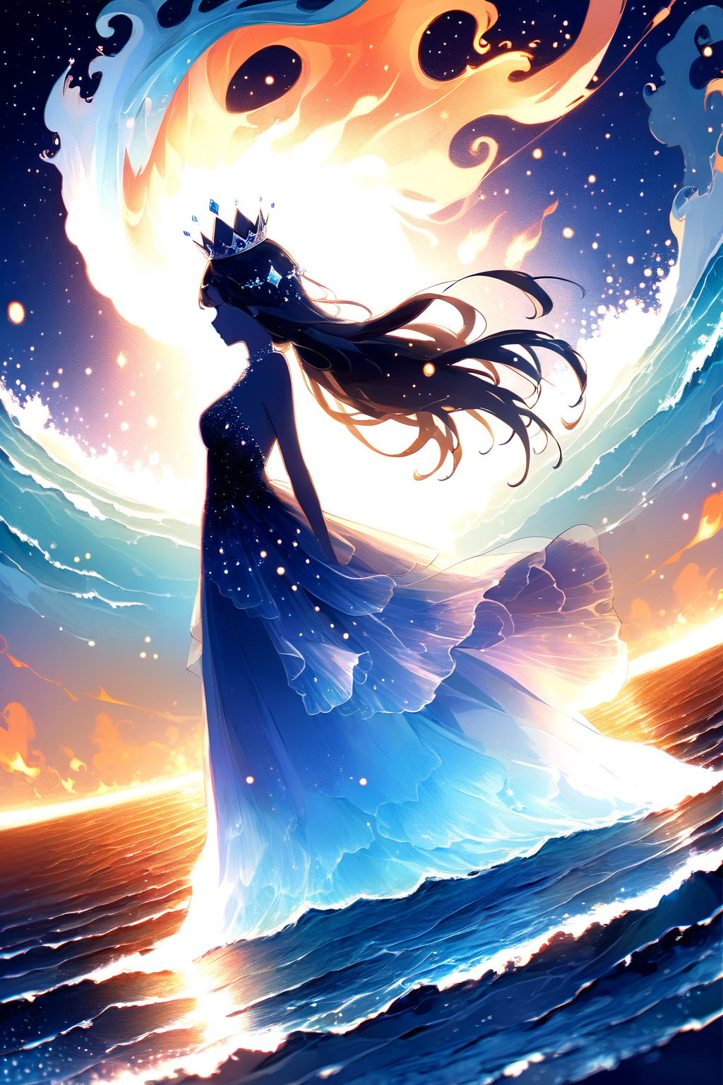 DonMW15pXL, watching the world from a distant place beyond the stars, slime goddess in the form of a woman, wearing a flaming diamond dress and a crown, imposing, ocean, goddess clothing, wallpaper, city in the middle of the sea, wallpaper, foreground 