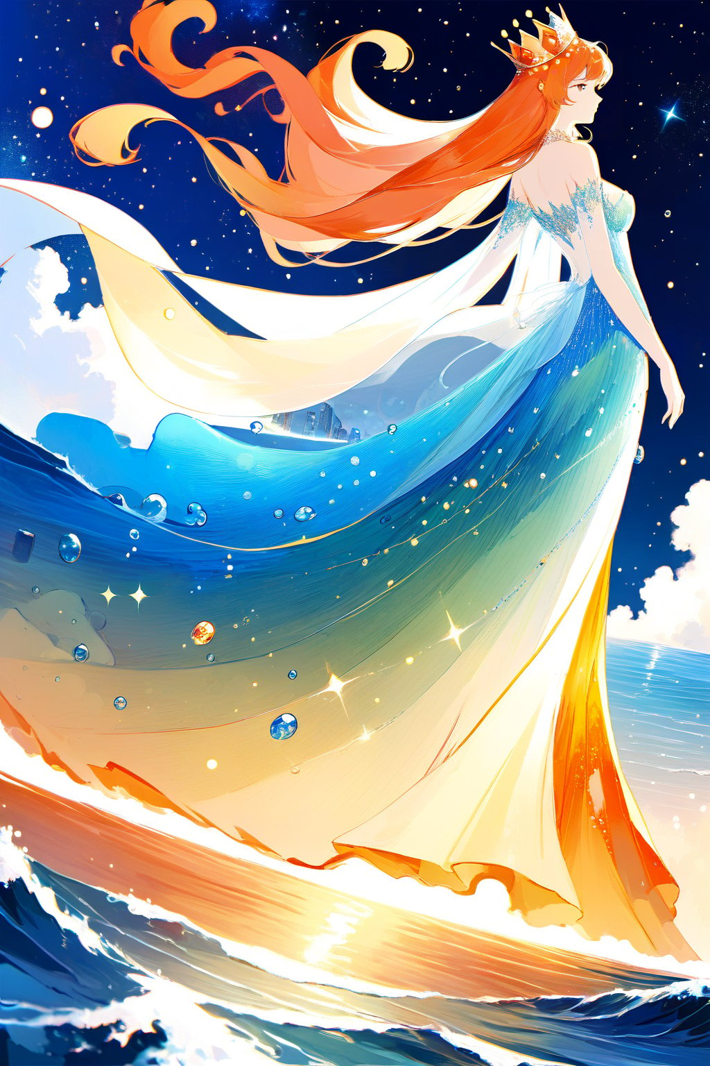 DonMW15pXL, watching the world from a distant place beyond the stars, slime goddess in the form of a woman, wearing a flaming diamond dress and a crown, imposing, ocean, goddess clothing, wallpaper, city in the middle of the sea, wallpaper, foreground 