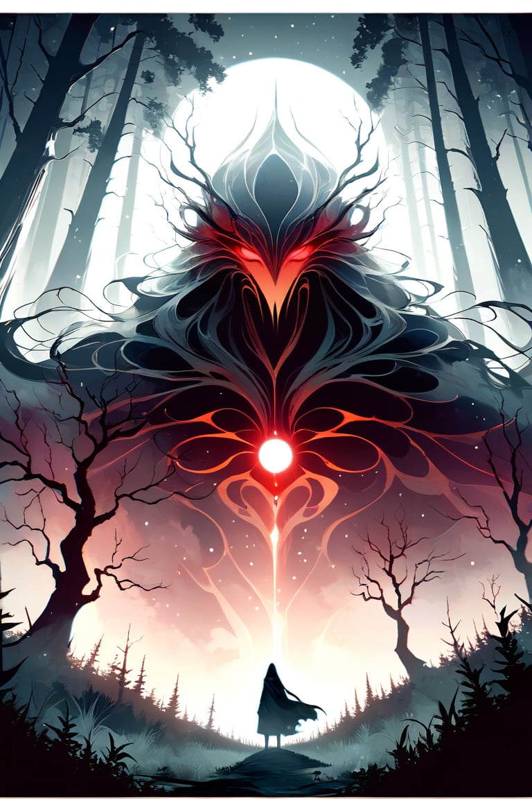 a dark forest full of very tall trees and grass, midnight, full moon that slightly illuminates the image, among the trees a mysterious entity similar to a human, and only its two bright red eyes can be seen, fear, terrorr, masterpiece, wallpaper