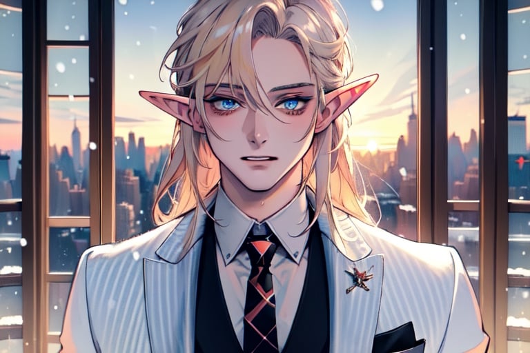 Masculine,(beautiful detailed face, beautiful detailed eyes),(((best quality,masterpiece))),(a beautiful man,(pin striped, necktie) white suit),(Snow cover,sunrise, new york city),more detail XL,EpicSky,cloud, long blond hair,blue eyes, pointed ears, elf ears, clean shaven, vampyr, vampire,1guy, chaotic expression,nodf_lora,Void volumes