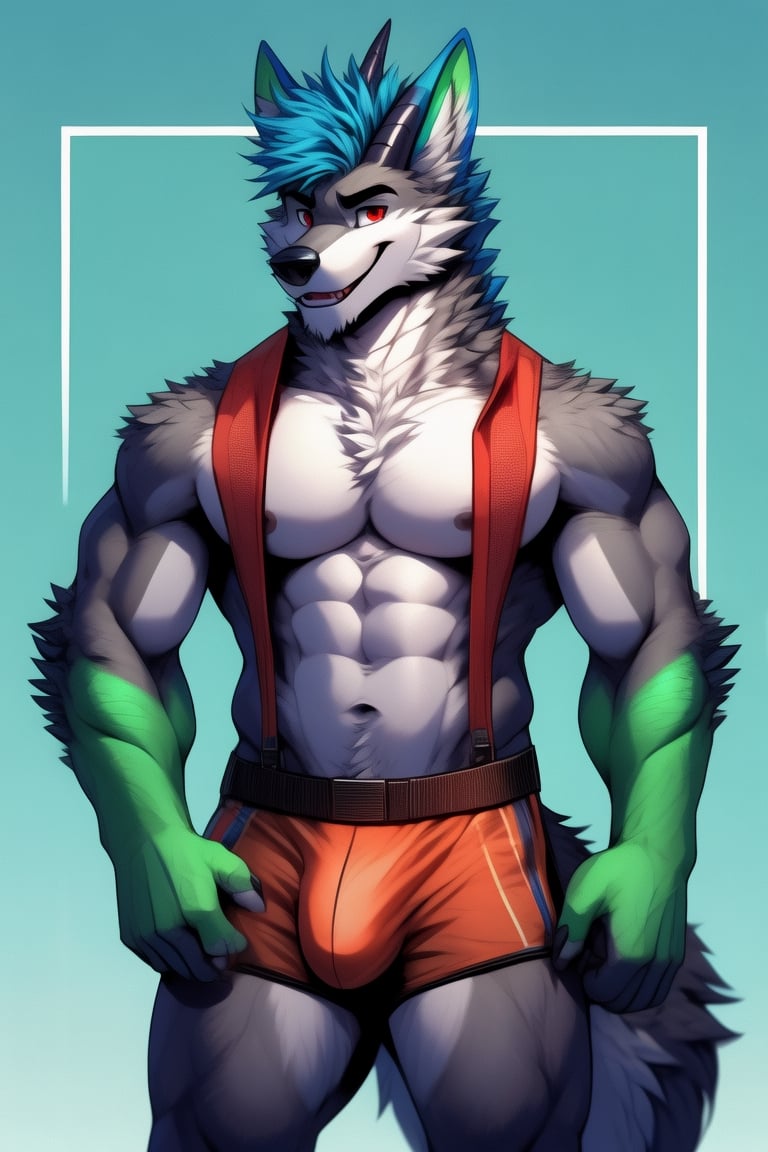 red eyes, 1boy, animal_ears,wolf_ears,wolf_tail ,blue hair,grey_fur, standing, male focus, furry, furry male,wolf boy,wolf,wearing a firefighter uniform,basic_background, horns_dragón, green_horns, sexy, bulge, bara_tiddies, bulge,Physical Education Teacher