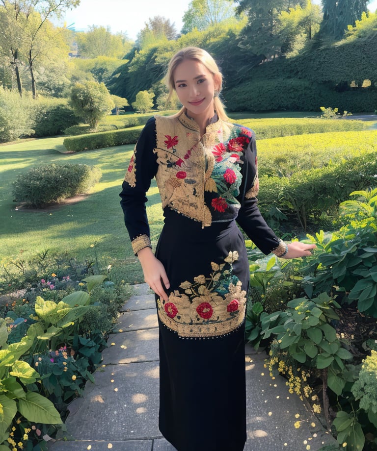 1girl, beautiful young woman, blonde, smiling, (in beautiful Ukrainian national dress embroidery ornament black, red, green), sunny day, botanical garden, realistic