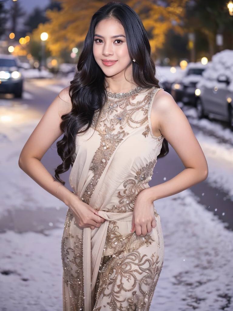 A lovely and cute Indian teenage girl, 23 years old, posing in a pretty foreign dress against the backdrop of a snowy winter road. Her long, blonde hair flows gently in the wind as she gazes out at the camera with a bright smile. The soft focus of the shot captures her youthful beauty and Instagram model charm.