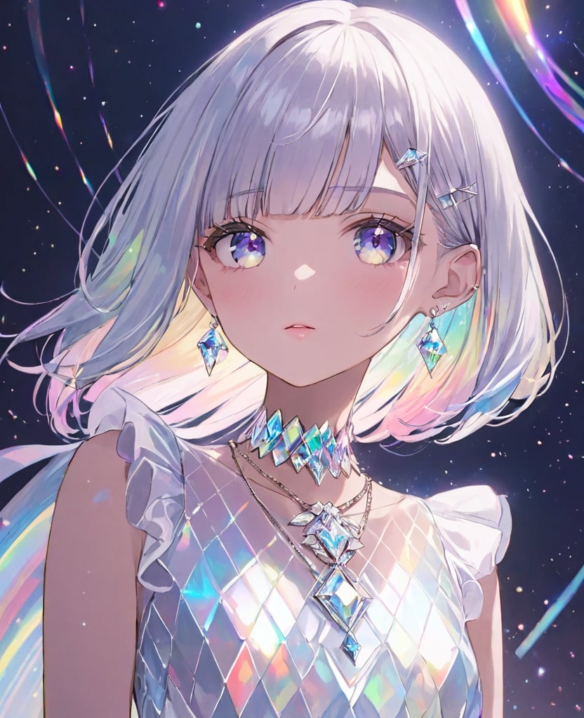 beautiful girl, detailed face, holographic vibe, a girl with short white holographic diamond hair with bangs, holographic eyes, wearing a white rainbow dress, slender body, earings, diamond necklace, masterpiece, best quality,