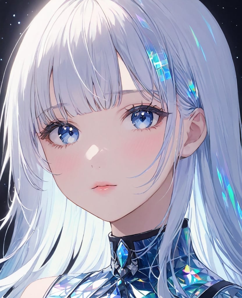 beautiful girl, detailed face, holographic vibe, a girl with long straight white holographic hair with bangs, blue eyes, wearing a holographic outfit, upper body,