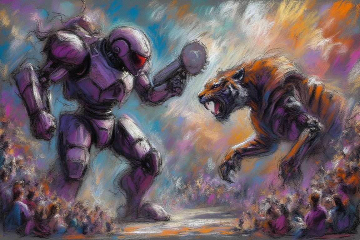 A giant mecha with armor and a circular saw on its arm fights against a mechanical tiger with sharp fangs, in a battle arena with a screaming audience in the stands, Pastel Chalk painting