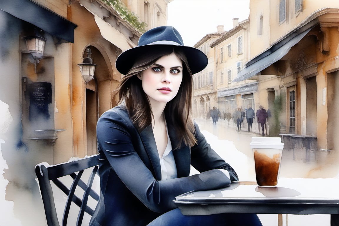 watercolor of Alexandra Daddario as an enigmatic spy sitting in a caffe in a medieval street, in the style of Agnes Cecile,  alexandradaddario