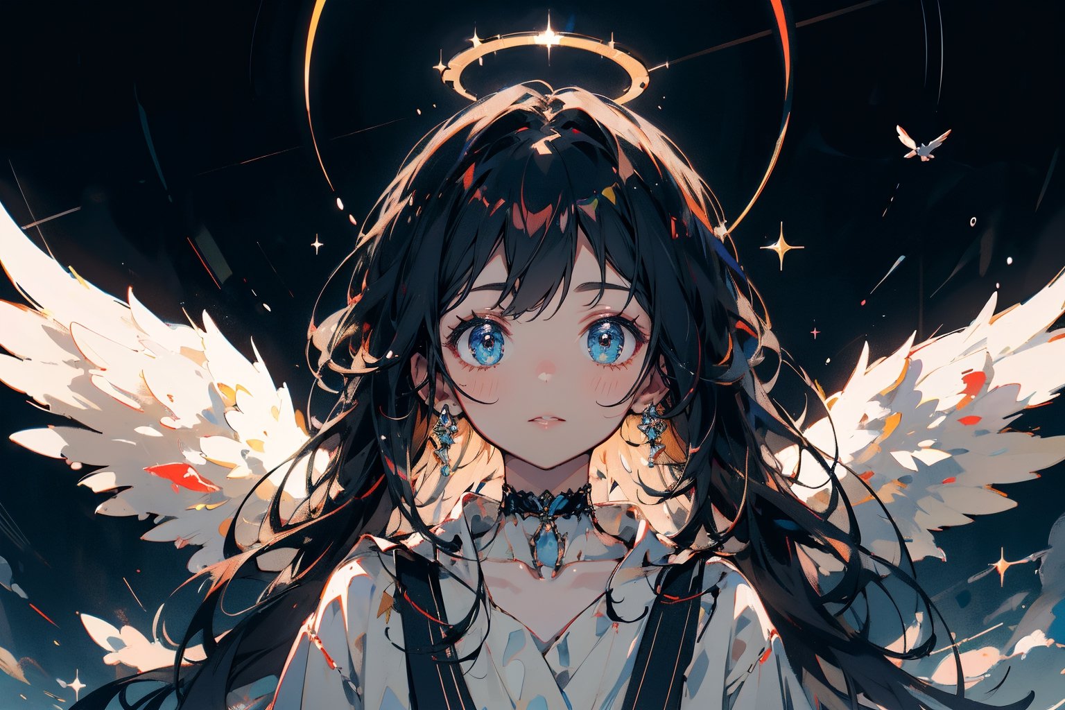 analog photo, a cute girl, black hair, pale skin, White dress, choker, vintage, night, night_sky, angel_halo,halo,Holy light,anime girl