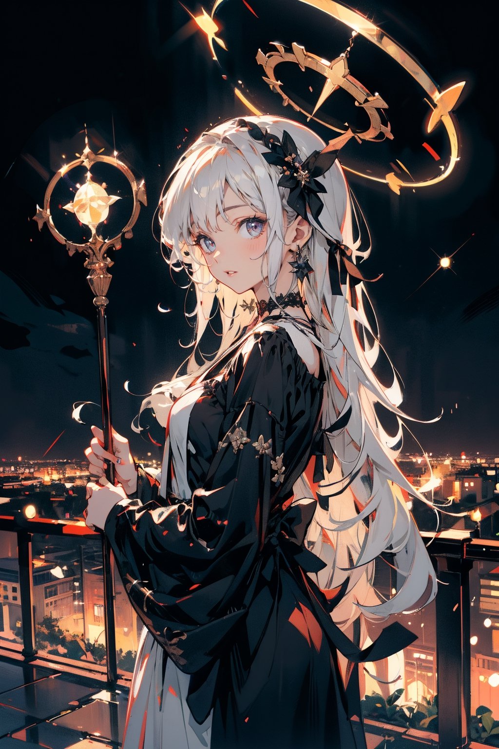 2 cute girl holding Staff, white hair, pale skin, balck dress, choker, vintage, night, night_sky, angel_halo,halo,Holy light,anime girl