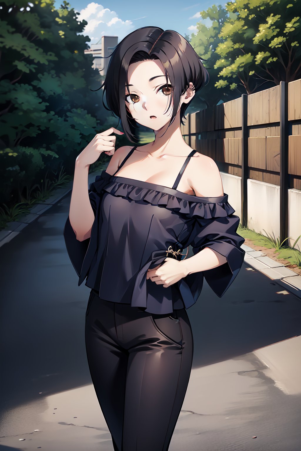 kobayakawa rinko, aarinko,love plus, 1girl, black hair, short hair, breasts, brown eyes, small breasts, solo,
off-the-shoulder blouse, trousers, tight trousers, black trousers, standing, looking at viewer, outdoors, mouth closed,