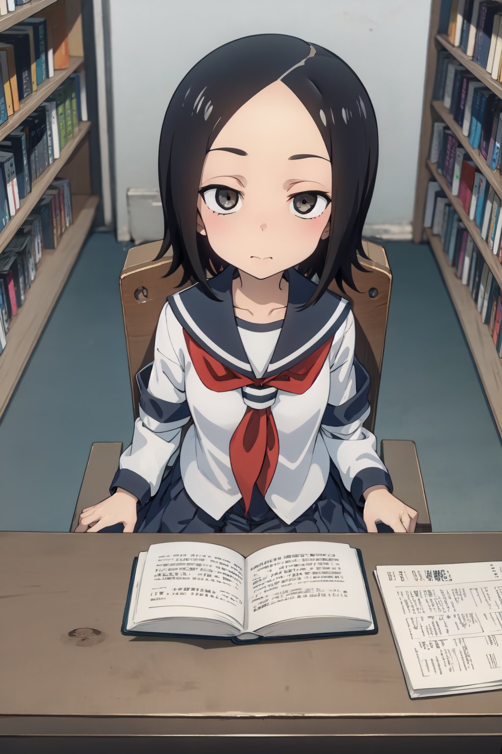 sanae_tsukimoto, Karakai Jouzu no Takagi-san, black hair, short hair, black eyes, forehead, jitome
school uniform, serafuku, sitting, chair, desk, book, library, comic book,