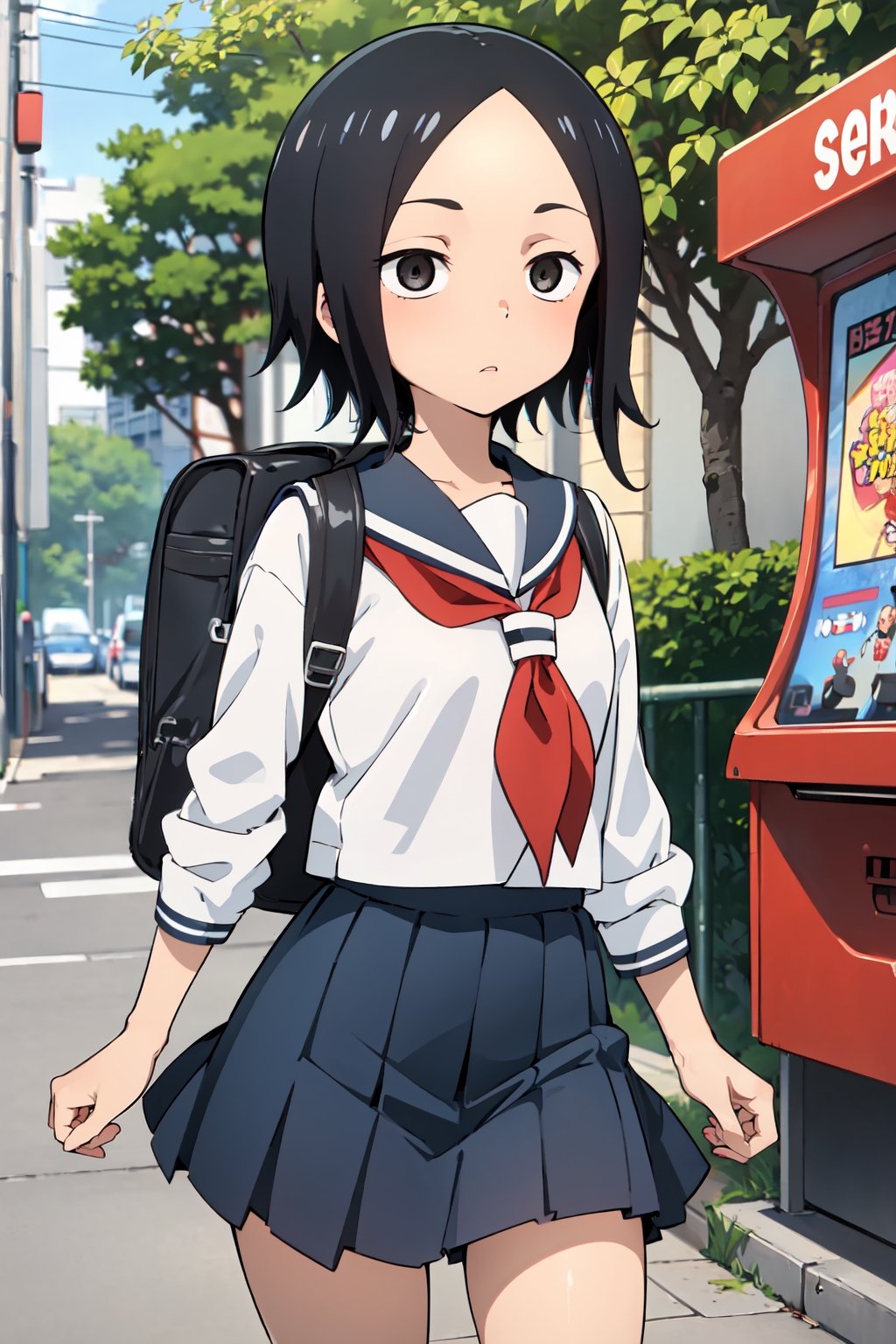 sanae_tsukimoto, Karakai Jouzu no Takagi-san, black hair, short hair, black eyes, forehead, jitome
school uniform, serafuku, short skirt, backpack, video game machine, arcade,