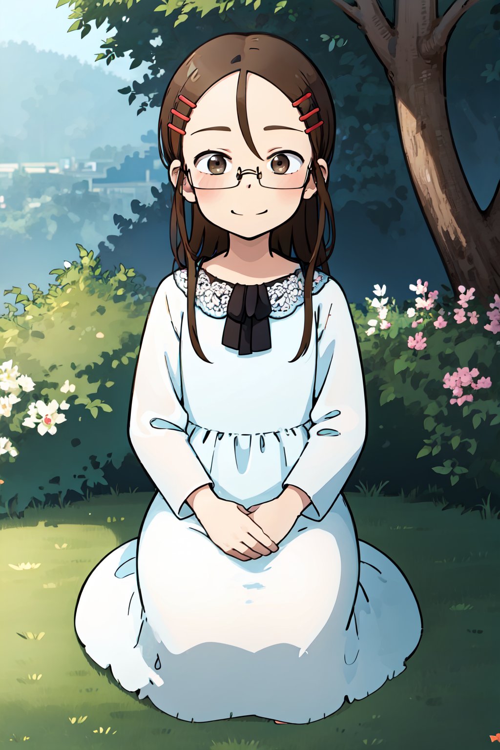 Yukari Tenkawa, masterpiece, best quality, 1girl, solo, brown hair, hair ornament, brown eyes, glasses, hairclip,
princess dress, light blue dress, sitting, sitting on the grass, long dress, smiles, day, looks at viewer,