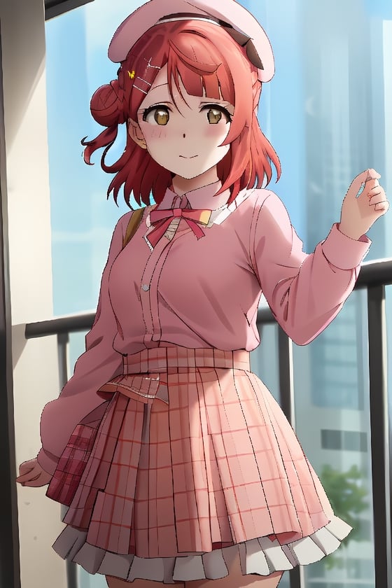 
love live!, love live! nijigasaki high school idol club, uehara ayumu, 1girl, :t, alternate costume, beret, blunt bangs, blush, braid, braided bun, fidgeting, hair bun, hat, high-waist skirt, looking at viewer, medium hair, orange hair, pink headwear, pink shirt, plaid, plaid headwear, red hair, shirt, single side bun, skirt, solo, swept bangs, white sleeves, yellow eyes