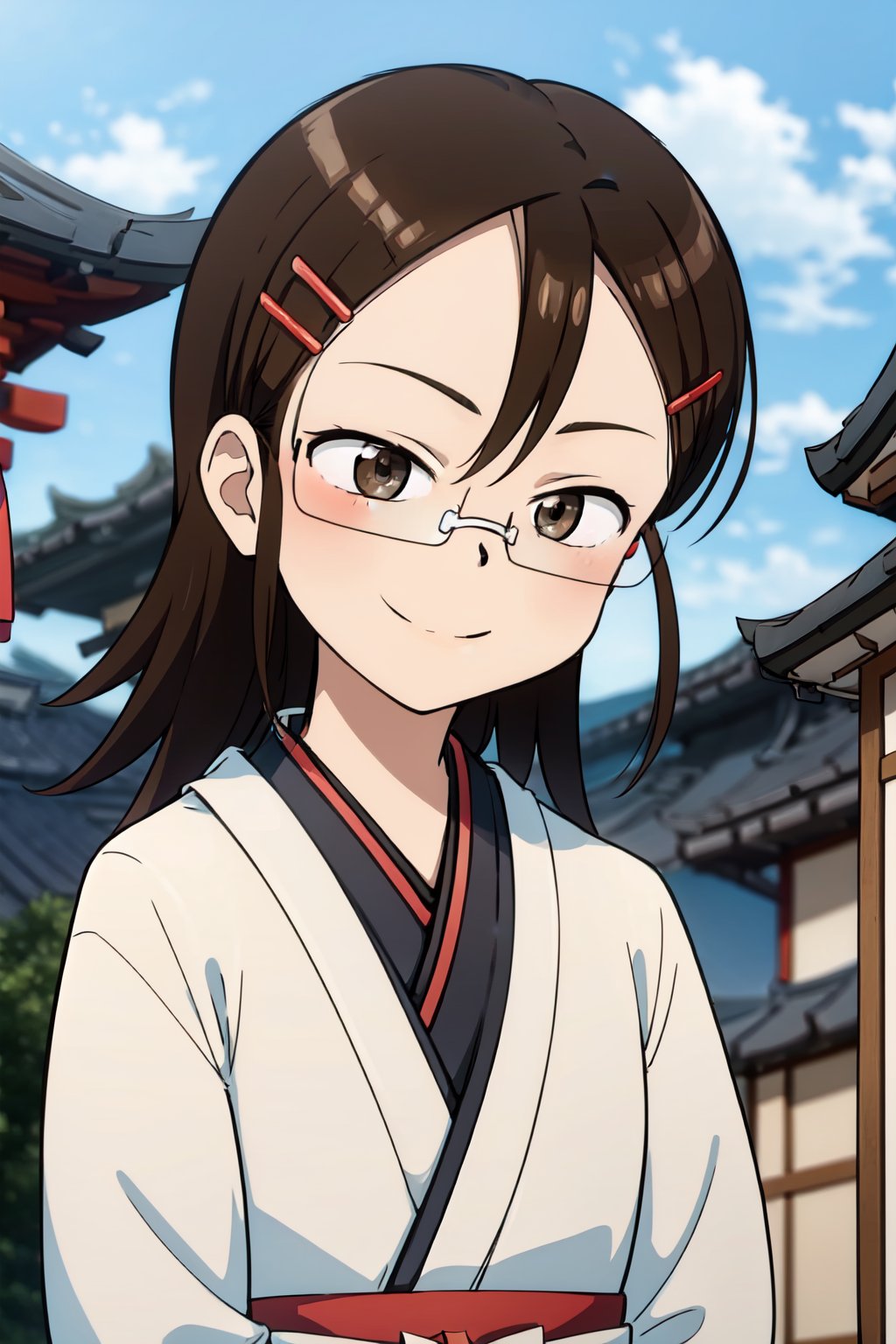 Yukari Tenkawa, masterpiece, best quality, 1girl, solo, brown hair, hair ornament, brown eyes, glasses, hairclip,
Japanese costume, Miko costume, Japanese temple, beautiful smile, half body Focus,