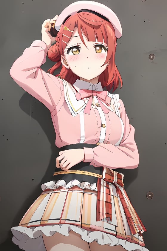 
love live!, love live! nijigasaki high school idol club, uehara ayumu, 1girl, :t, alternate costume, beret, blunt bangs, blush, braid, braided bun, fidgeting, hair bun, hat, high-waist skirt, looking at viewer, medium hair, orange hair, pink headwear, pink shirt, plaid, plaid headwear, red hair, shirt, single side bun, skirt, solo, swept bangs, white sleeves, yellow eyes, pout