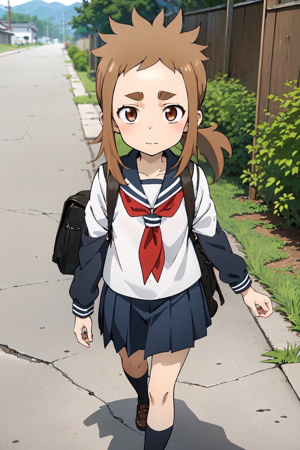 mina_hibino, forehead, short hair, brown hair, sidelocks, low ponytail, brown eyes,
school uniform, serafuku, backpack, walking, walking to school, japanese passage, day, short skirt, winter uniform,