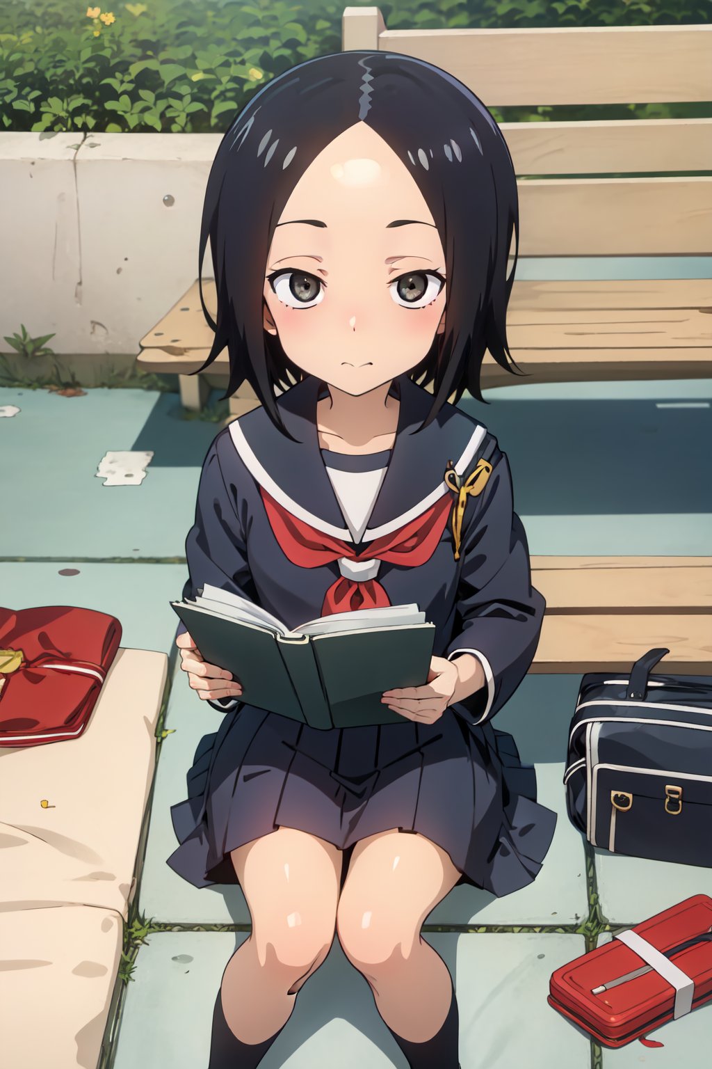 sanae_tsukimoto, Karakai Jouzu no Takagi-san, black hair, short hair, black eyes, forehead, jitome
school uniform, serafuku, sitting, bench, japanese store, reading manga, school bag on the floor, day,