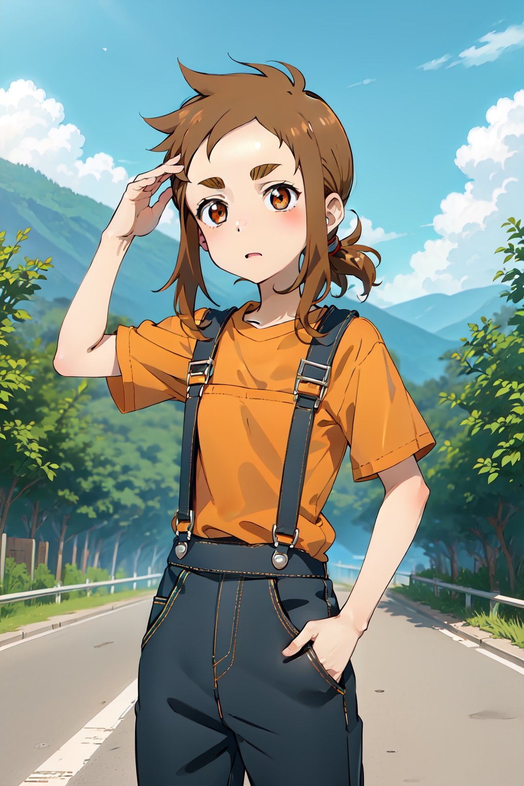 mina_hibino, forehead, short hair, brown hair, sidelocks, low ponytail, brown eyes,
overalls, orange shirt, sea in the background, road, standing, pose, day, sunny,