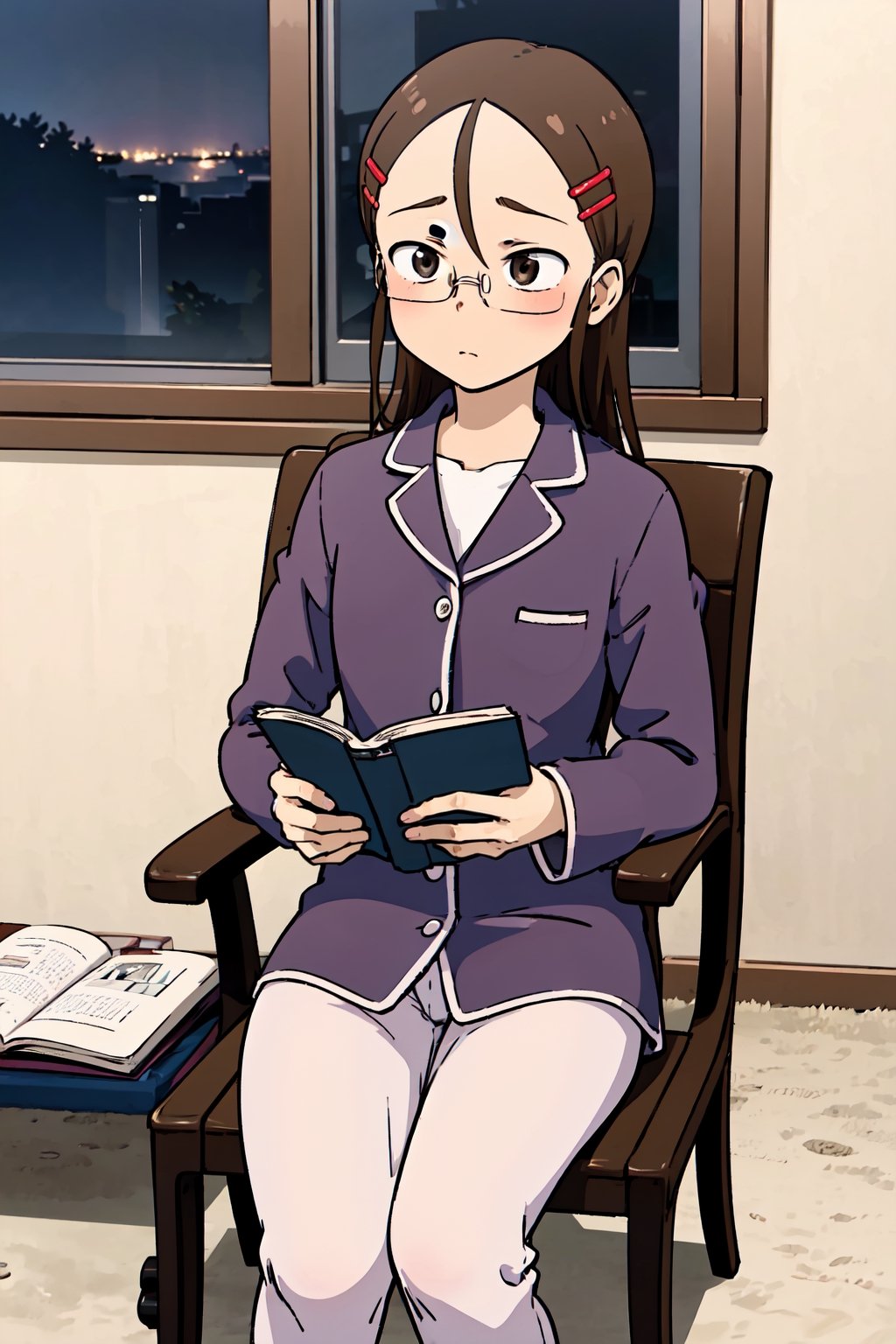 Yukari Tenkawa, masterpiece, best quality, 1girl, solo, brown hair, hair ornament, brown eyes, glasses, hairclip,
pajamas, reading, comic, reading a comic, room, sitting, chair, night,