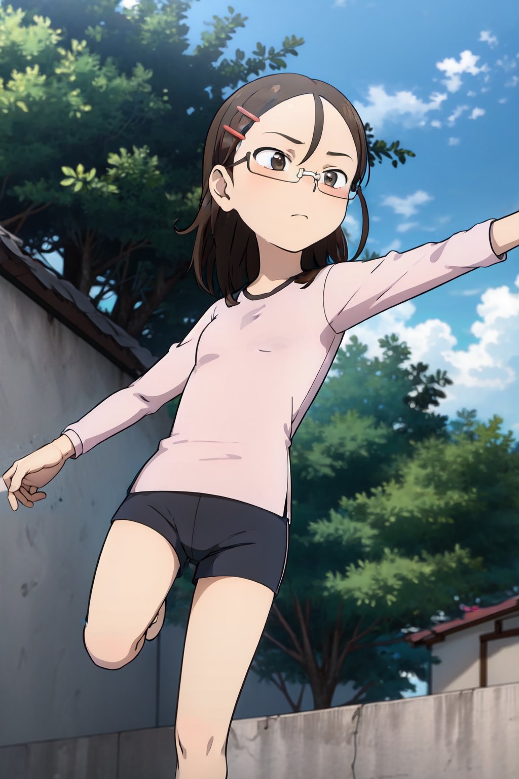 Yukari Tenkawa, masterpiece, best quality, 1girl, solo, brown hair, hair ornament, brown eyes, glasses, hairclip,
shorts, short shorts, small blouse, stretching, outdoors, day, exercise yard,