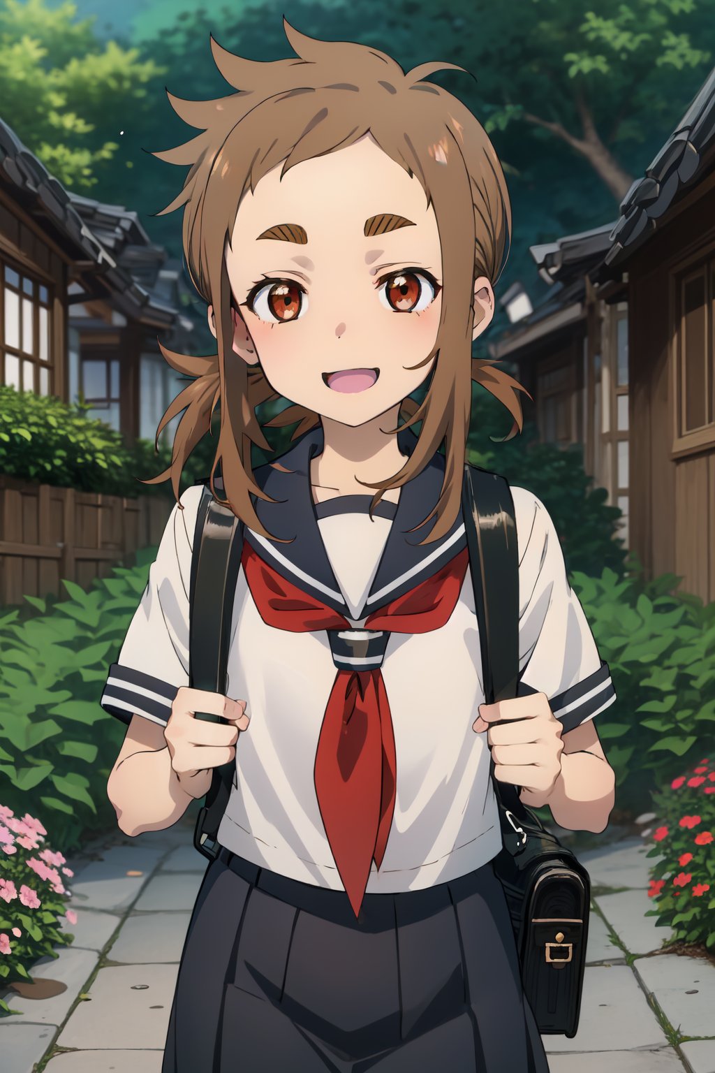 mina_hibino, forehead, short hair, brown hair, sidelocks, low ponytail, brown eyes,
school uniform, serafuku, hand school backpack, way to school, Japanese way, day, flowers, flowerbed, Houses, way, happy.