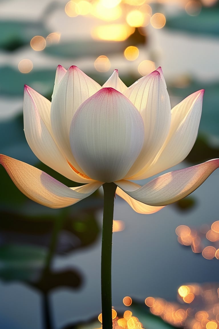 A close-up of a lotus flower's delicate petals,  bathed in the warm morning light that highlights its intricate details. T...
