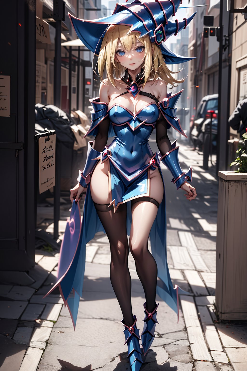 dark magician girl, blonde hair, blue eyes, perfect face, full body