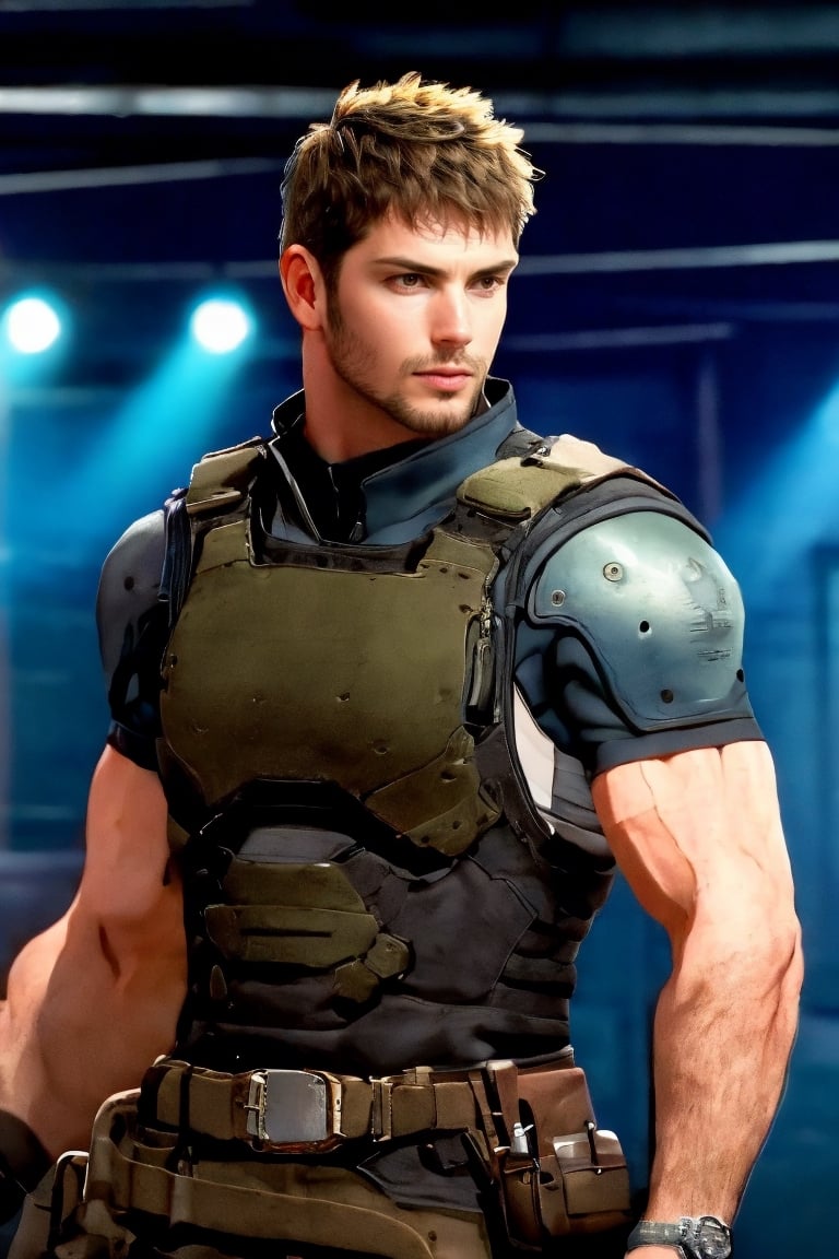 1_boy, solo, looking at viewer, short hair, brown hair, 1boy, upper body, male focus, grey shirt, facial hair, shoulder armor, realistic, masculine, muscular, large pecs, arm hair, manly, handsome, charming, alluring, perfect eyes, perfect anatomy, perfect proportions, (perfecteyes) perfect anatomy, perfect proportions, best quality, masterpiece, high_resolution, dutch angle, cowboy shot, photo background, perfect hands, perfect fingers, intricate details,photorealistic